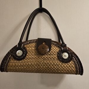 Half Moon Shape Elegant Tan and Brown Woven Straw Handbag